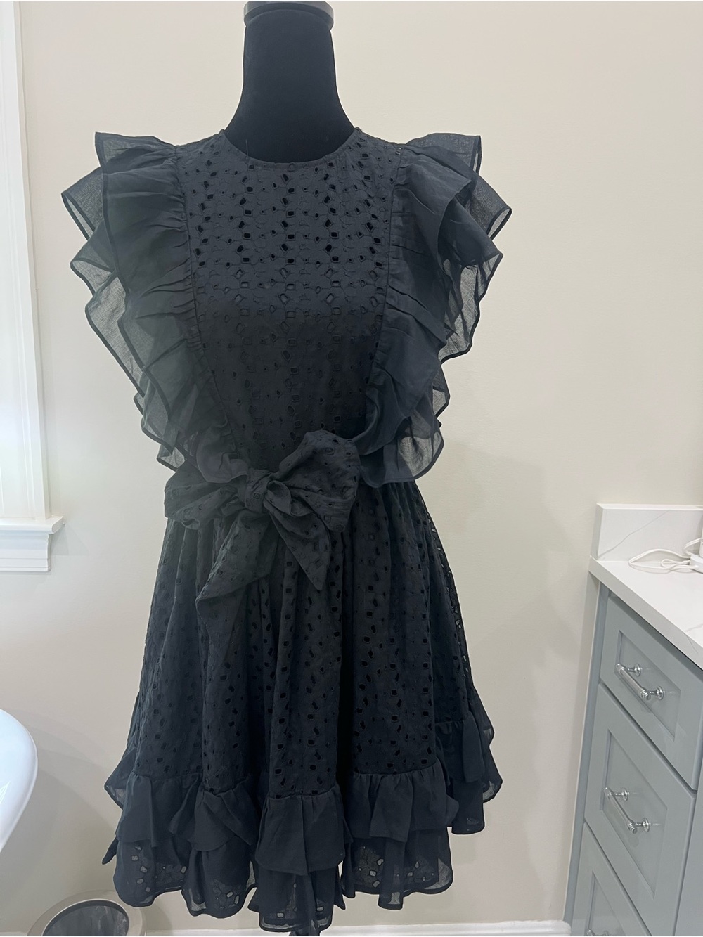 HUNTER BELL Black Eyelet Ruffle Tie-Waist Mini Dress